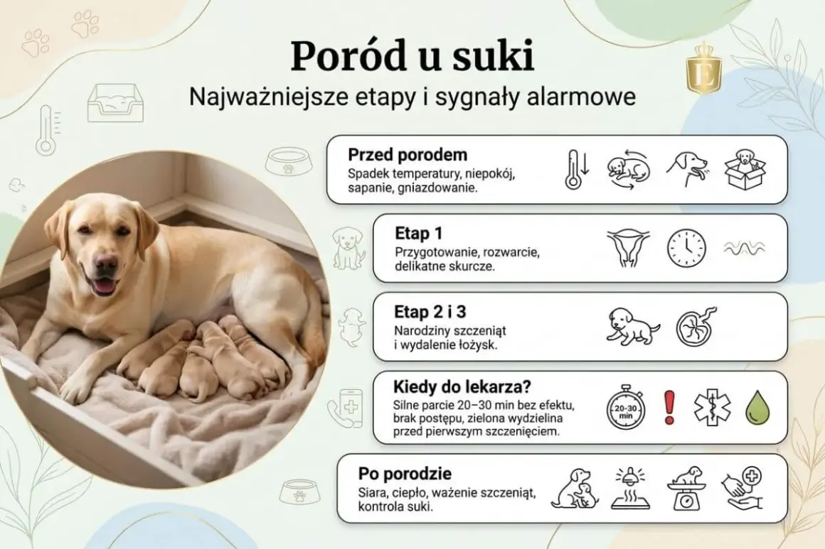 Szczęśliwa suka labrador z kilkoma nowo narodzonymi szczeniętami, ilustrująca etapy porodu psa.