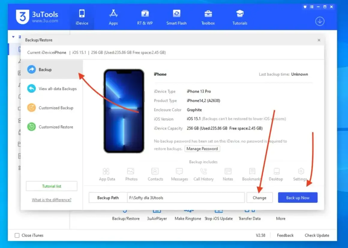 Ekran programu 3uTools pokazuje opcję backup iPhone. Widoczny jest iPhone 13 Pro i przycisk "Back up Now".