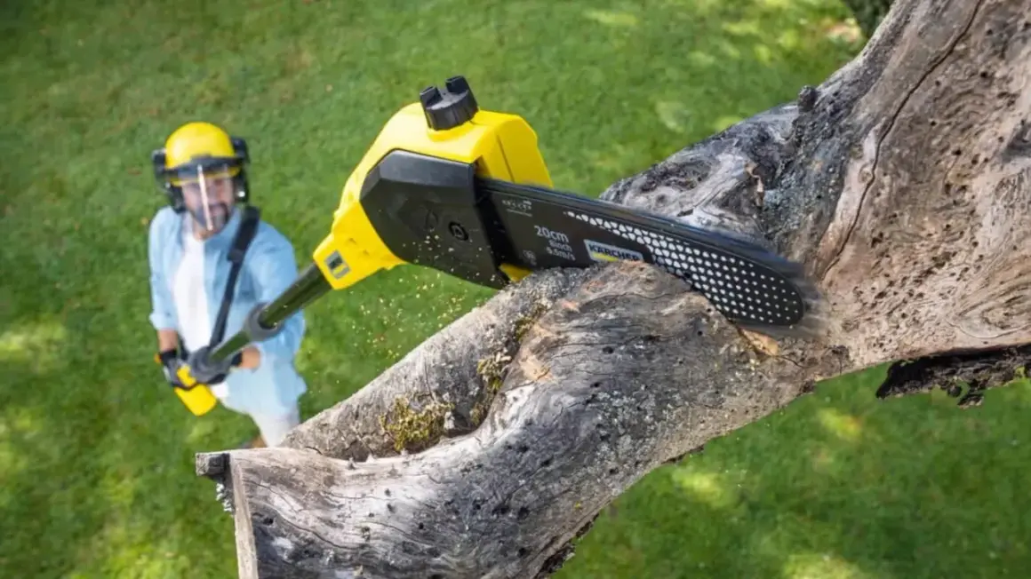Mężczyzna w kasku i goglach używa pilarki na wysięgniku do cięcia grubej gałęzi drzewa.