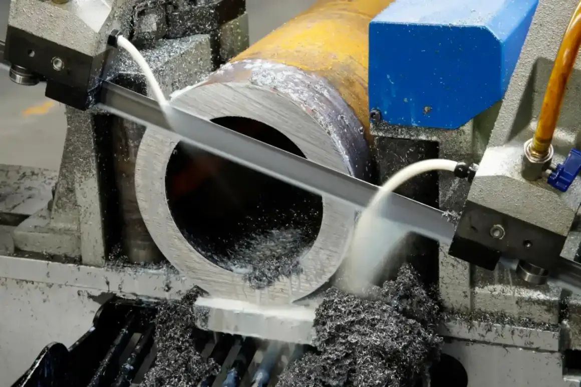 La lame d'une scie à ruban coupe un gros tube métallique, produisant des copeaux.