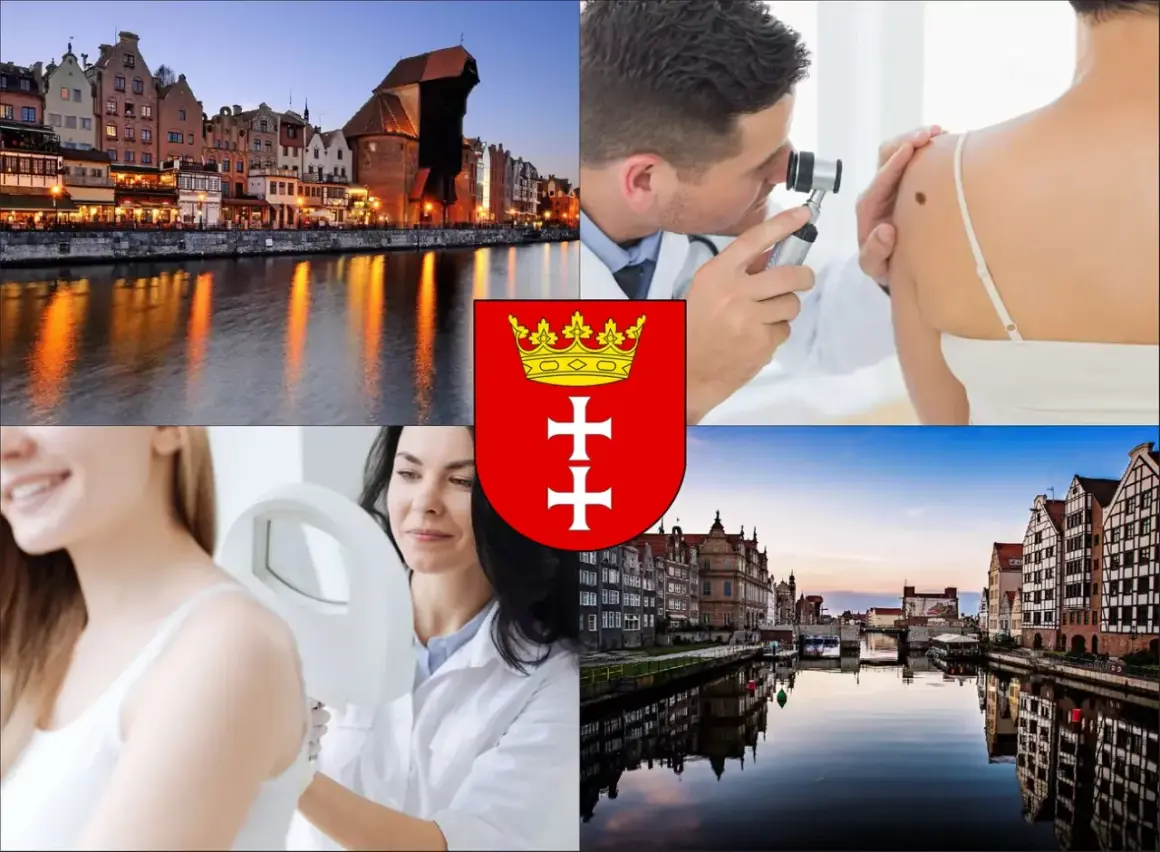 Gdański krajobraz, dermatolodzy badający znamiona, herb miasta.