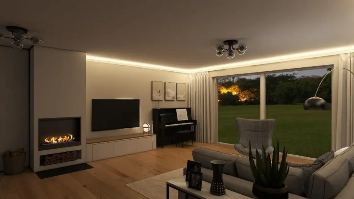 Gemütliches Wohnzimmer gestalten mit Kamin, Klavier und Blick ins Grüne. Moderne Beleuchtung schafft Atmosphäre.