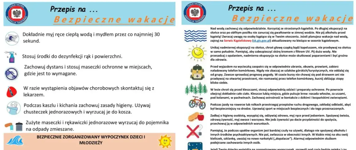 Przepis na bezpieczne wakacje: myj ręce, dezynfekuj, zachowaj dystans, unikaj słońca, dbaj o higienę.