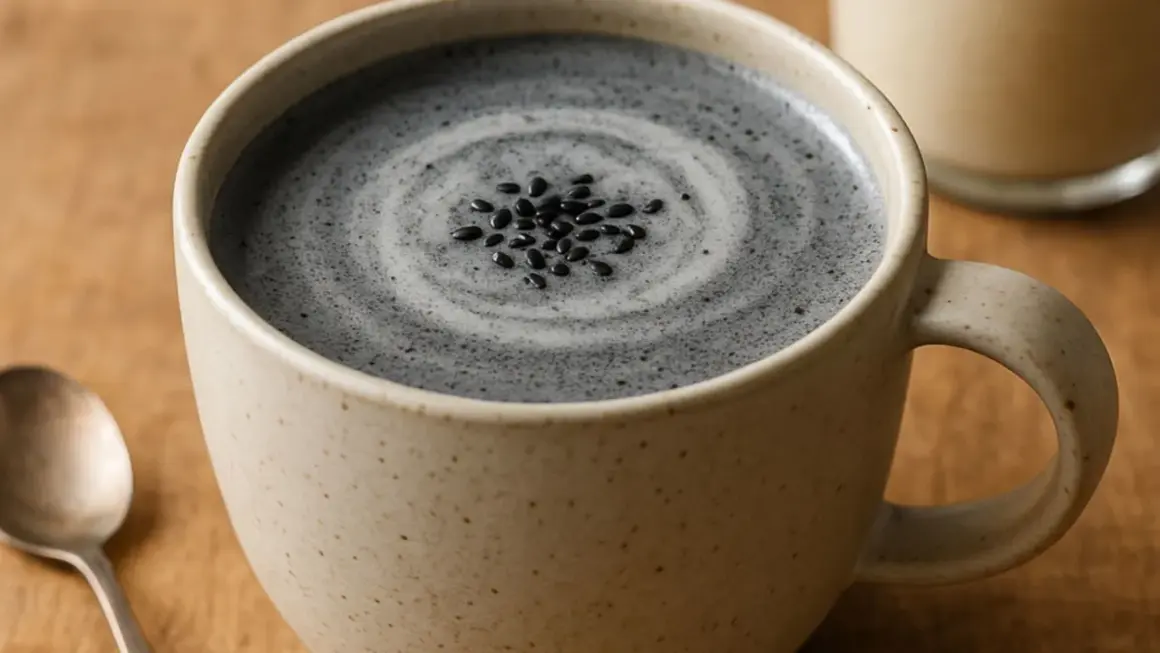 Une tasse de latte au sésame noir, garnie de graines de sésame, avec une cuillère à proximité.