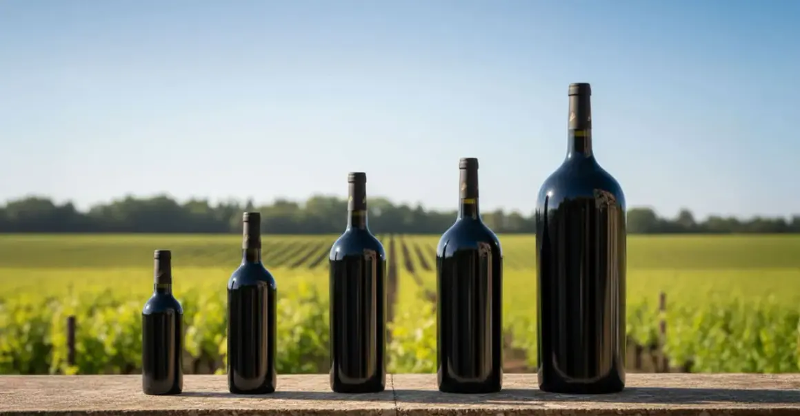 Cinq bouteilles de vin rouge de tailles variées, de la plus petite à une imposante bouteille de 9 litres, alignées devant un vignoble verdoyant.