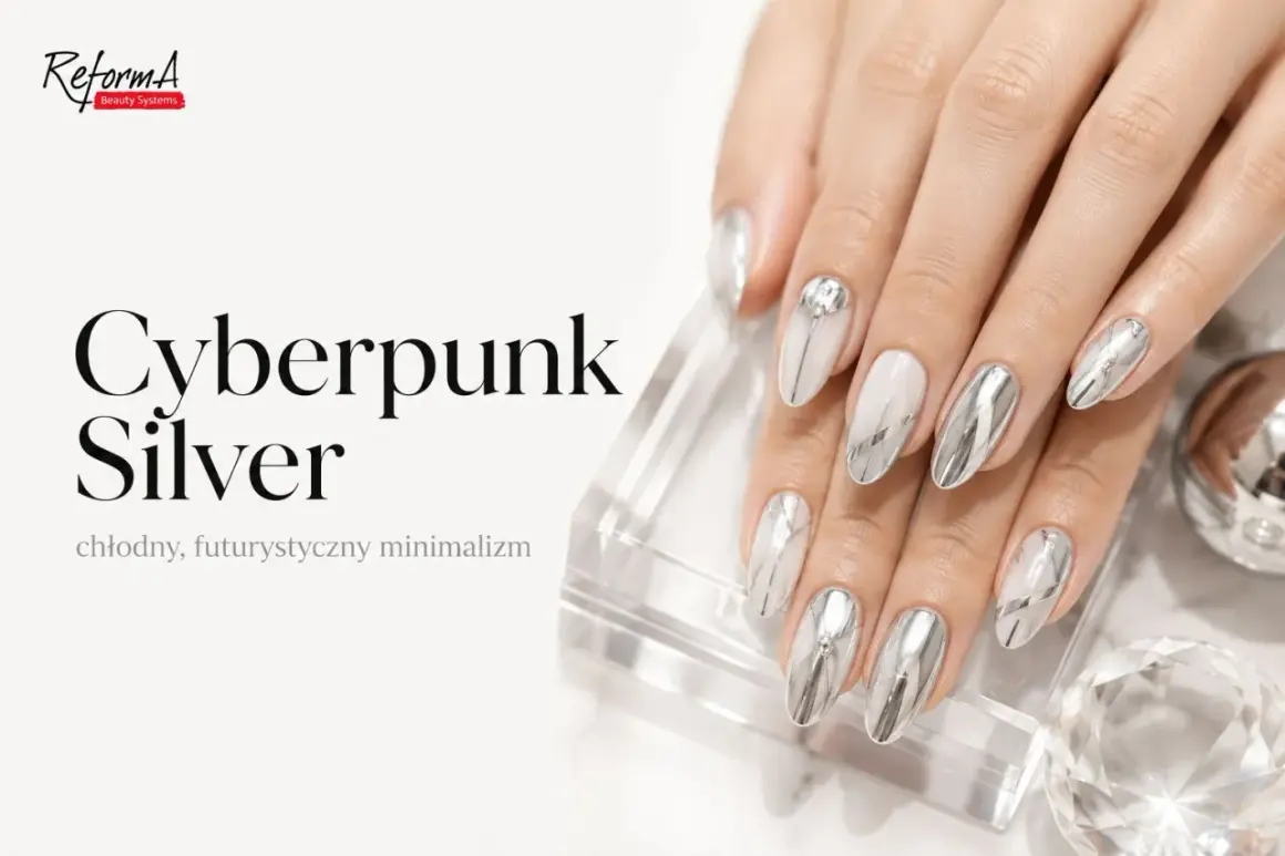 Dłonie z paznokciami w stylu "Cyberpunk Silver". Efekt lustra na paznokciach, chłodny, futurystyczny minimalizm.
