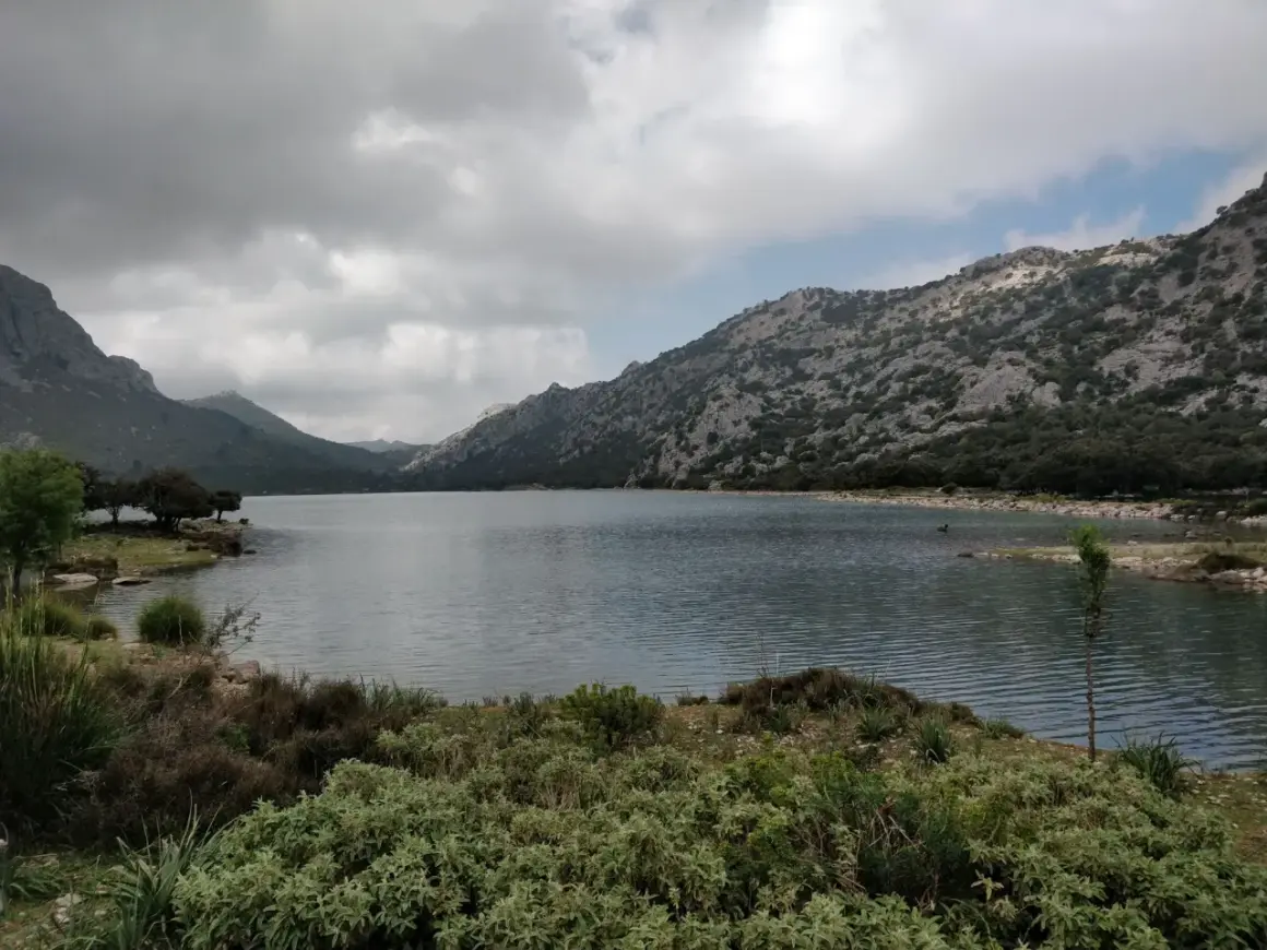Paisaje sereno de lagos en Mallorca, rodeado de montañas rocosas y vegetación exuberante bajo un cielo nublado.