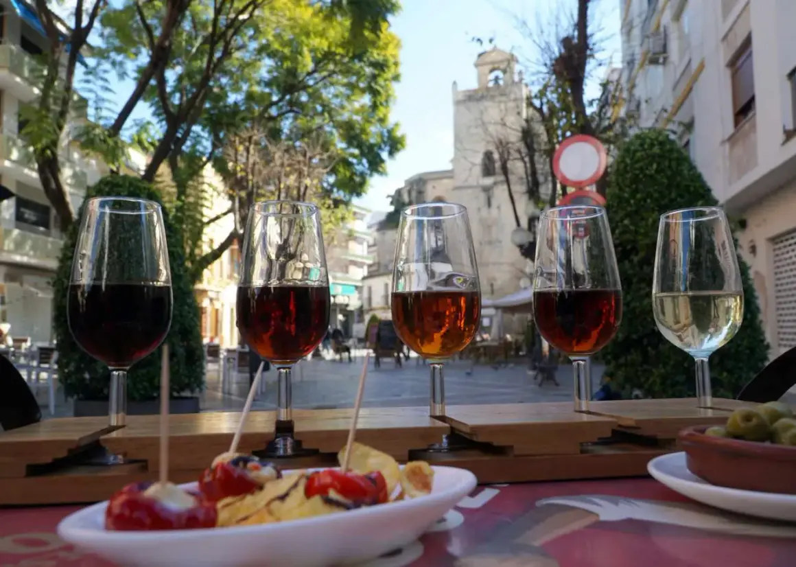 Degustacja win Gonzalez Byass na hiszpańskim placu. W tle zabytkowa architektura i drzewa.