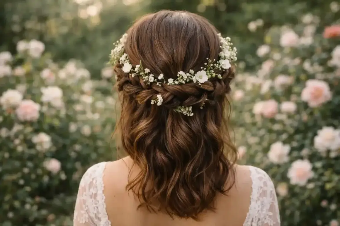 Coiffure mariage bohème avec tresse et fleurs blanches. Cheveux bruns ondulés ornés d'une couronne florale délicate.