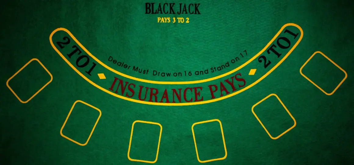Zielony stół do gry w oczko z żółtymi polami i napisami "Black Jack", "Insurance Pays" oraz "2 to 1".