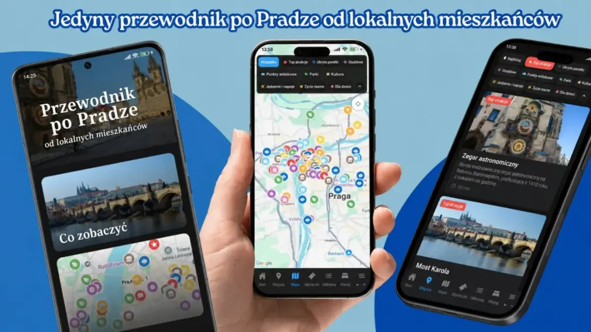 Aplikacja "Przewodnik po Pradze od lokalnych mieszkańców" pokazuje mapę z atrakcjami i zdjęcia. Cześć po czesku!