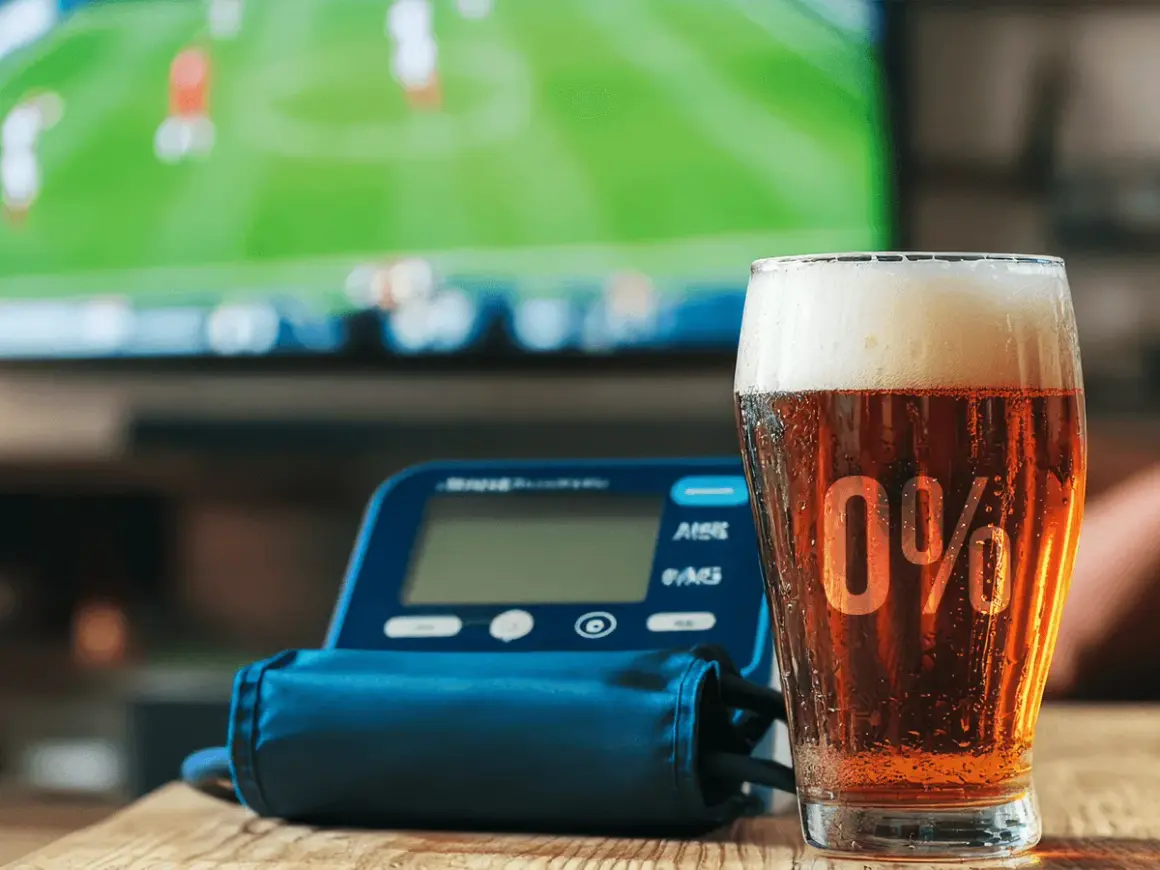 Szklanka piwa 0% i ciśnieniomierz na tle ekranu telewizora.