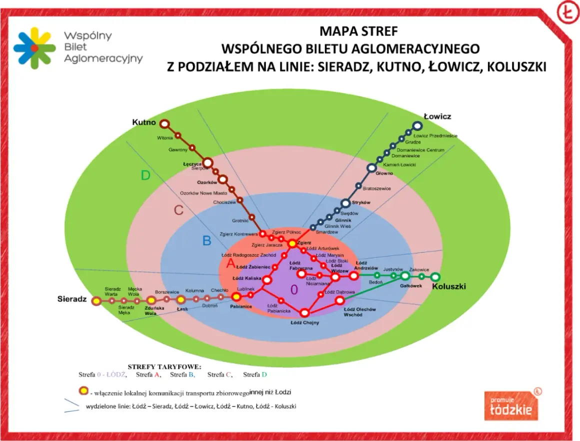 Mapa stref wspólnego biletu aglomeracyjnego z podziałem na linie: Sieradz, Kutno, Łowicz, Koluszki. Sprawdź, gdzie kupić mpk łódź bilety.