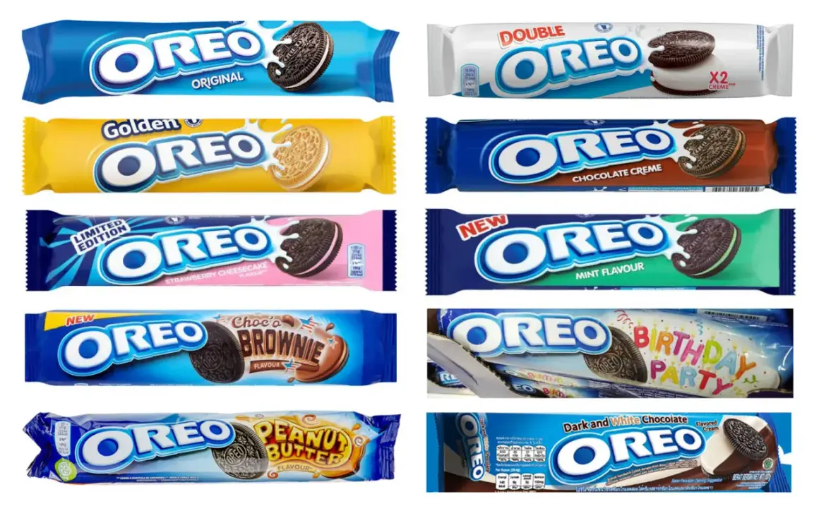 Różne smaki ciastek Oreo: Original, Golden, Strawberry Cheesecake, Choco's Brownie, Peanut Butter, Double Creme, Chocolate Creme, Mint, Birthday Party, Dark and White Chocolate.