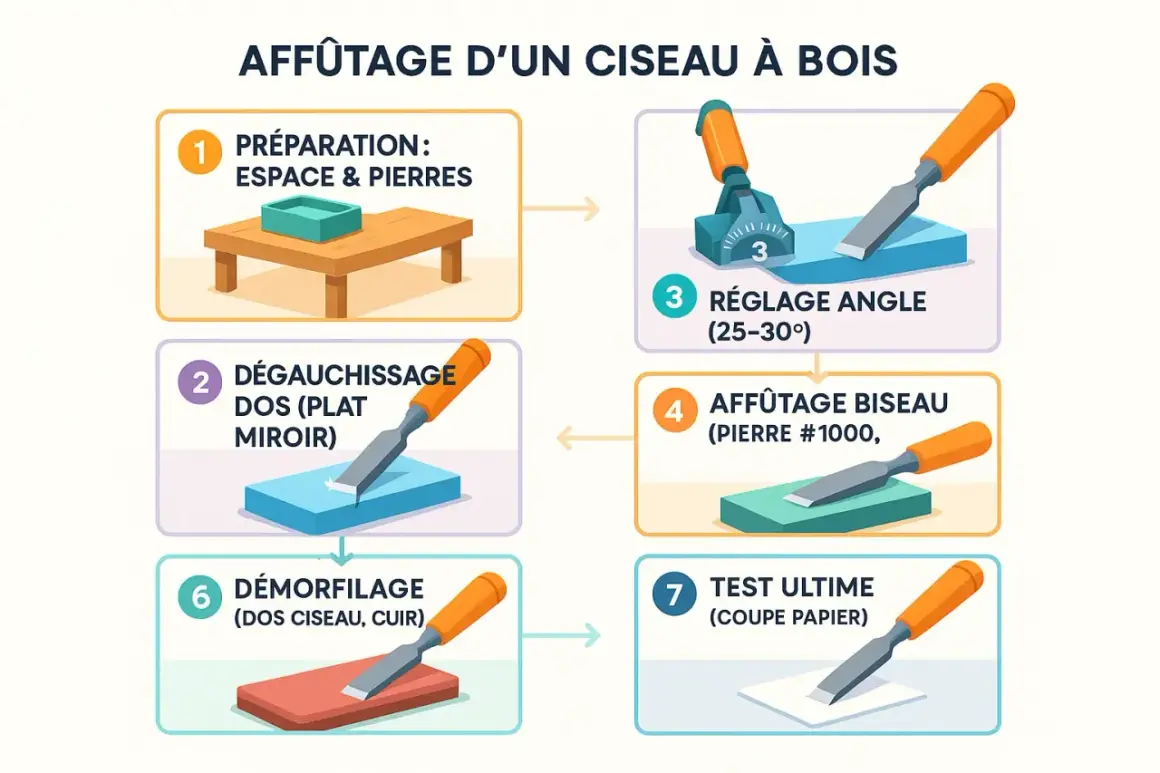 Guide illustré pour l'affûtage d'un ciseau à bois : préparation, réglage de l'angle, affûtage du biseau, démorfilage et test final.