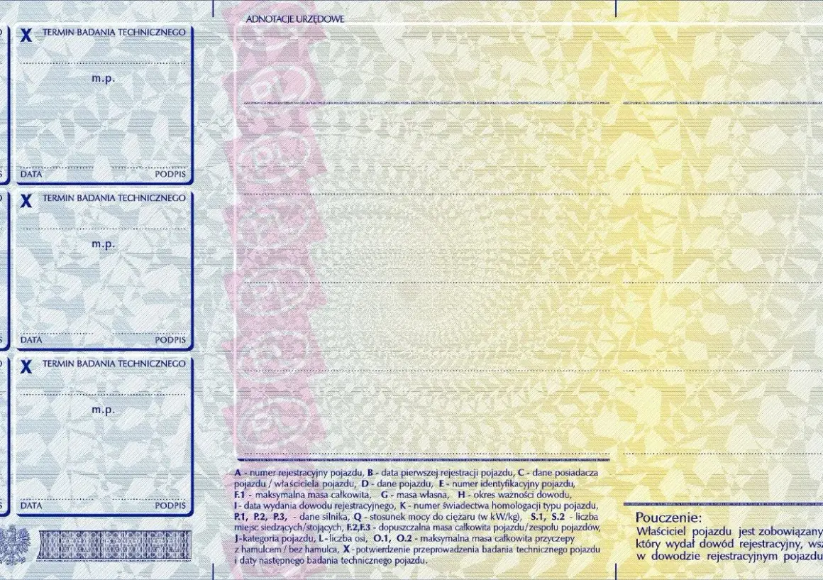 Fragment dowodu rejestracyjnego pojazdu z polami na wpisanie daty i podpisu, potwierdzający badanie techniczne.