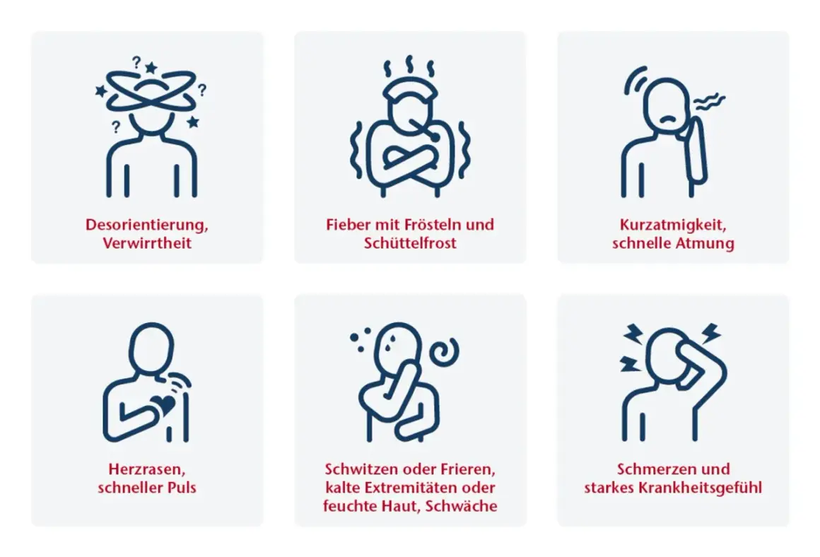Symptome wie Fieber, Schüttelfrost, Herzrasen und Schmerzen können auf eine Blutvergiftung nach einem Insektenstich hindeuten.