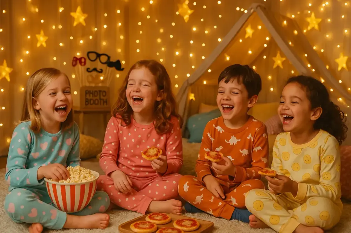 Fyra glada barn på pyjamasparty, skrattandes och ätandes popcorn och minipizzor i ett tält med ljusslingor.