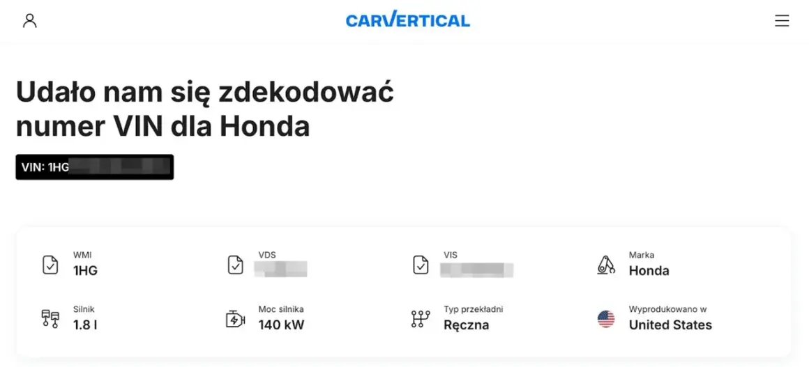 Jak sprawdzić wyposażenie auta po VIN? Wyniki dekodowania numeru VIN dla Hondy: silnik 1.8 l, 140 kW, skrzynia ręczna, produkcja USA.