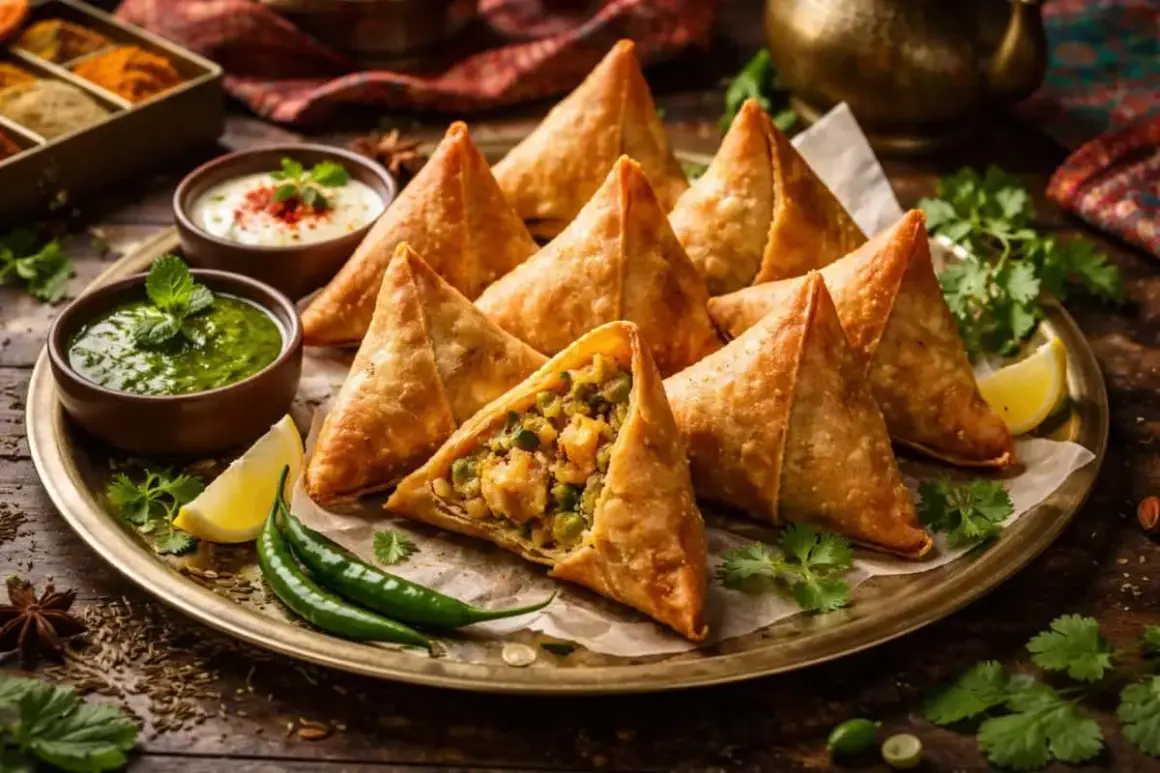 En bricka med gyllene, friterade samosas, en öppen för att visa fyllningen. Serveras med grön chutney, yoghurt och citronklyftor. Ett perfekt samosa recept för alla tillfällen.