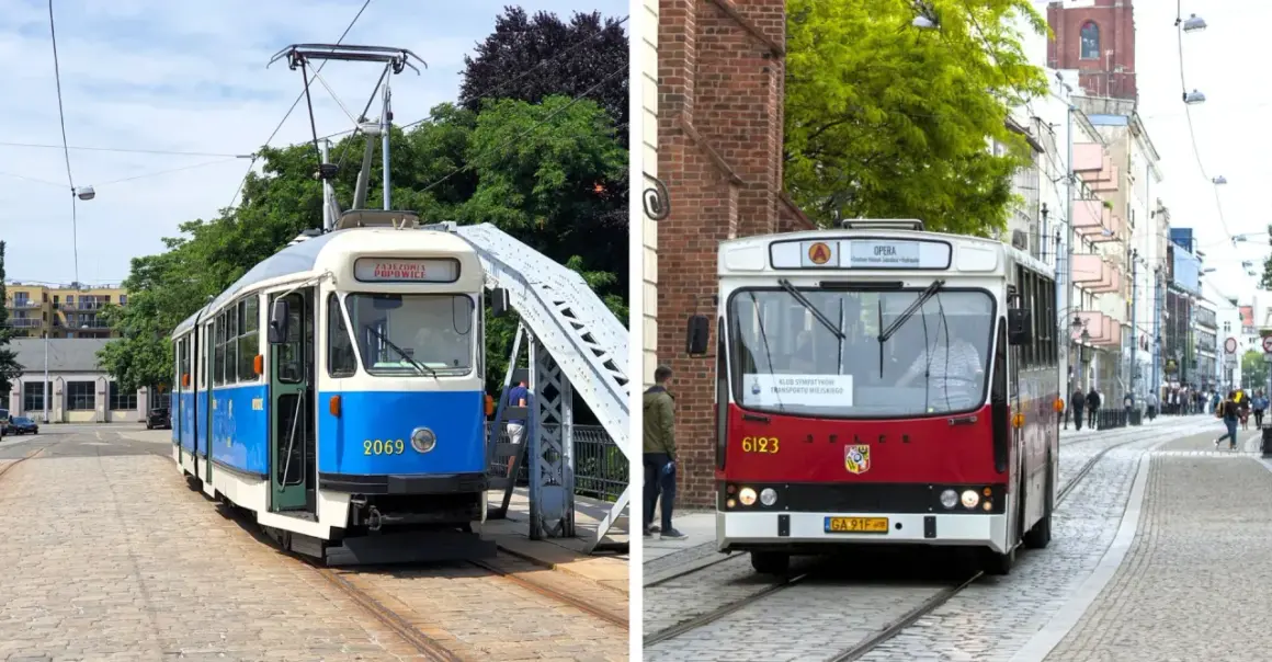 Wrocławskie tramwaje: niebiesko-biały na moście i czerwony na ulicy.