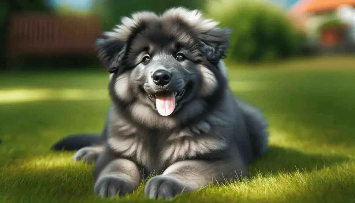 Szczeniak rasy blue bay shepherd leży na trawie, merdając ogonem.