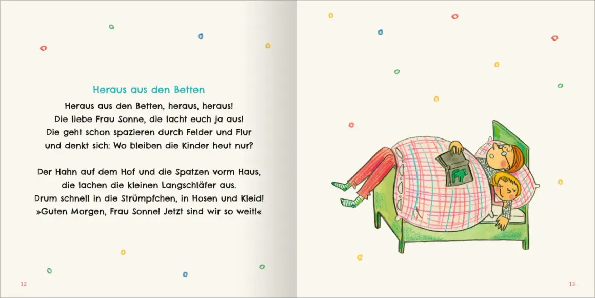 Reime auf Lieder: Zwei Kinder schlafen im Bett, während die Sonne sie auslacht. Ein Hahn und Spatzen rufen zum Aufstehen.