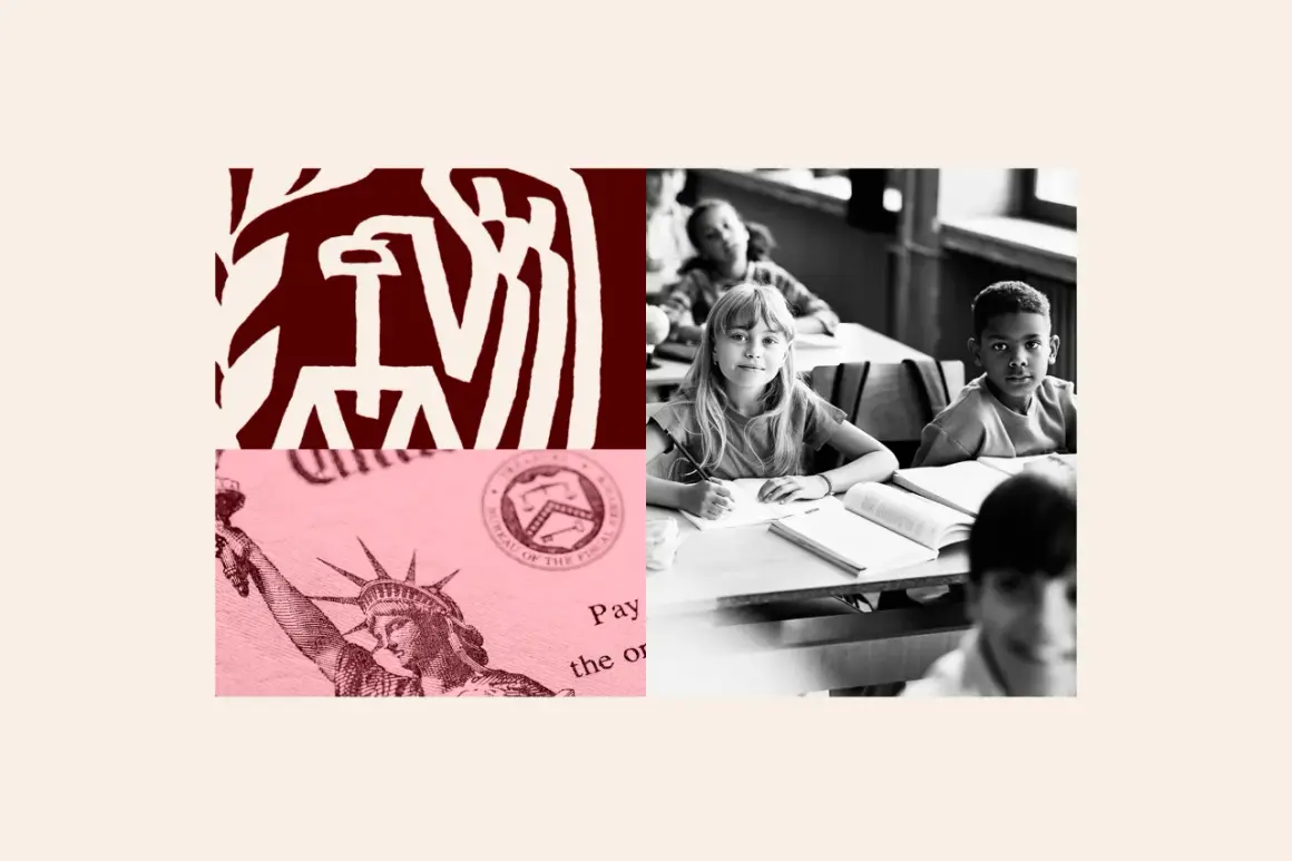 Children in a classroom, with imagery of the IRS and Statue of Liberty, hinting at the 2026 child tax credit.