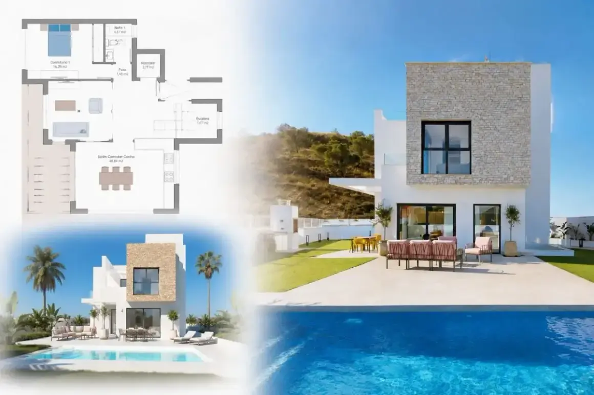Plano y vistas de un moderno chalet con piscina, jardín y amplias zonas de estar.