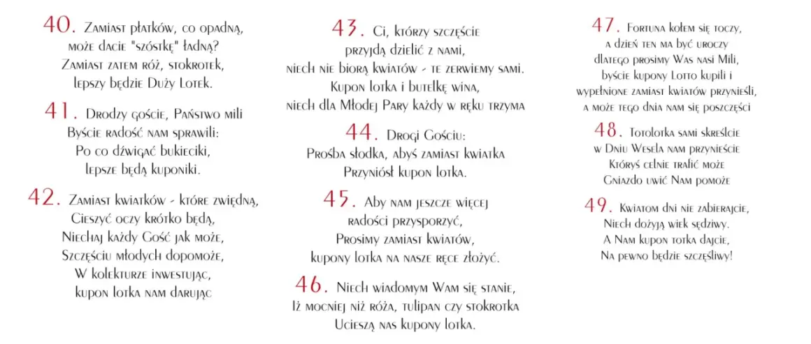 Zaproszenie na poprawiny: zamiast kwiatów, prosimy o kupon lotka, który przyniesie nam szczęście.
