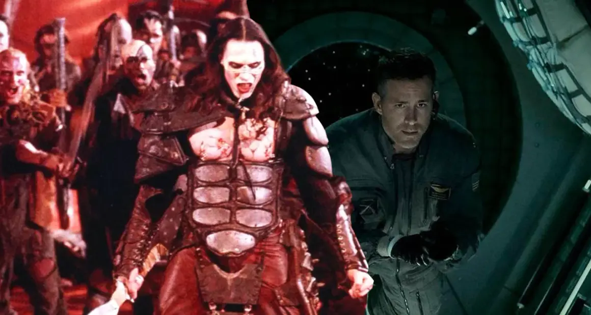 Potworna armia i przerażony astronauta w kosmicznym horrorze filmowym.