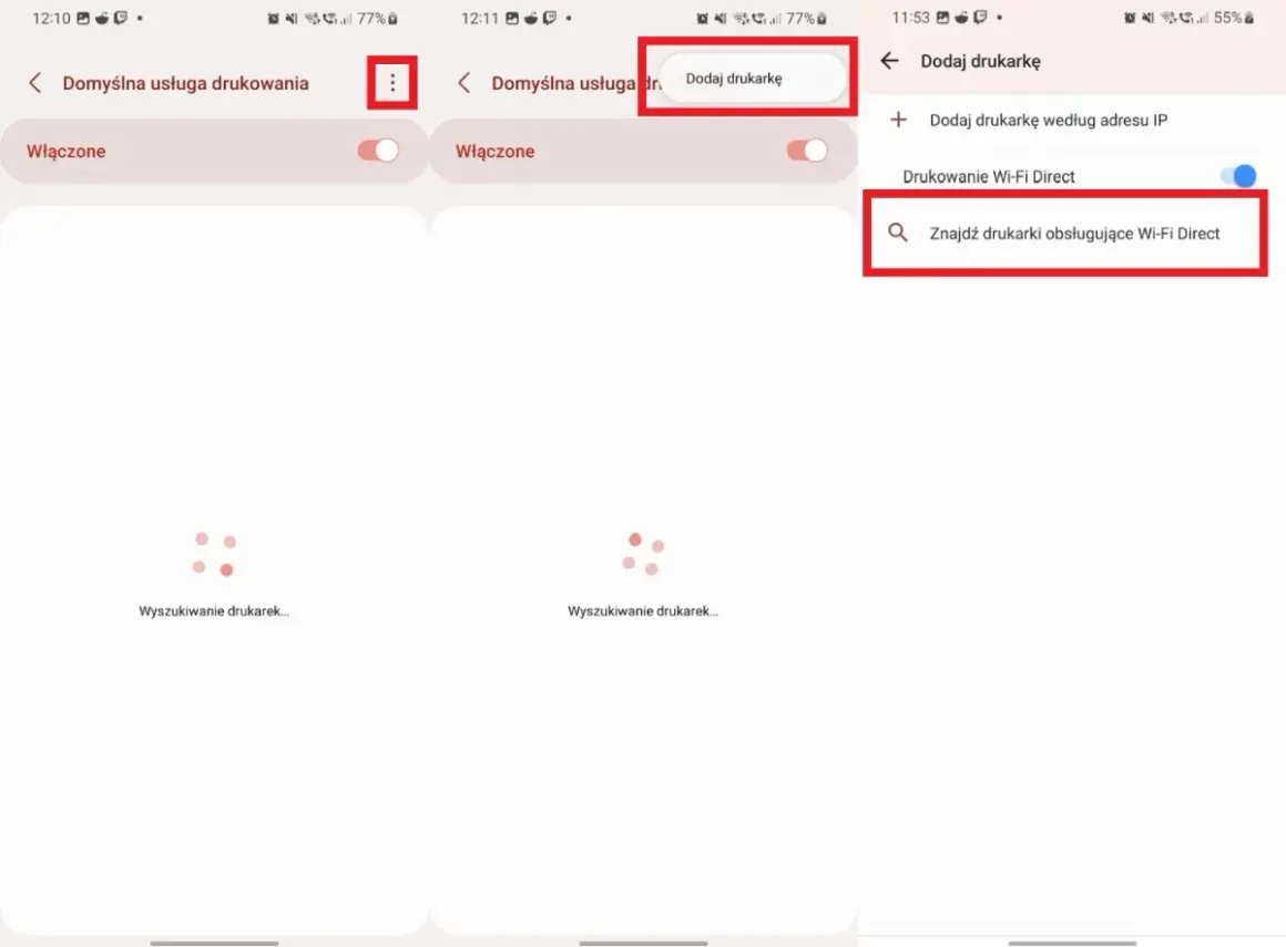 Jak połączyć drukarkę z telefonem? Ekran dodawania drukarki, opcja wyszukiwania drukarek z Wi-Fi Direct.