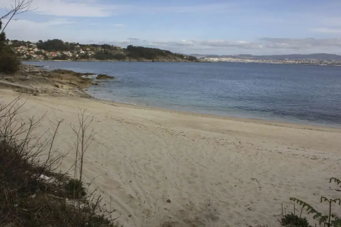 Arena dorada en la playa temperans, con el mar azul y una ciudad al fondo.