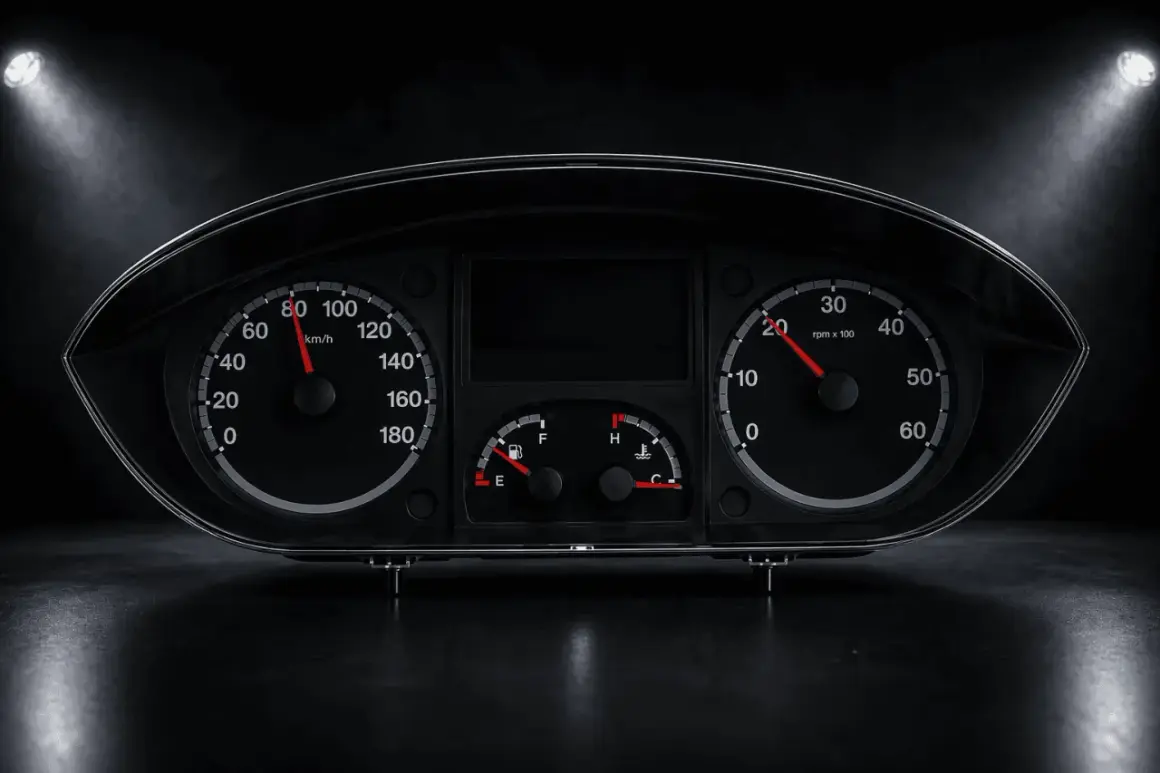 Instrumentpanel för V70 med hastighetsmätare, varvräknare, bränsle- och temperaturmätare. Antisladd service erfordras.