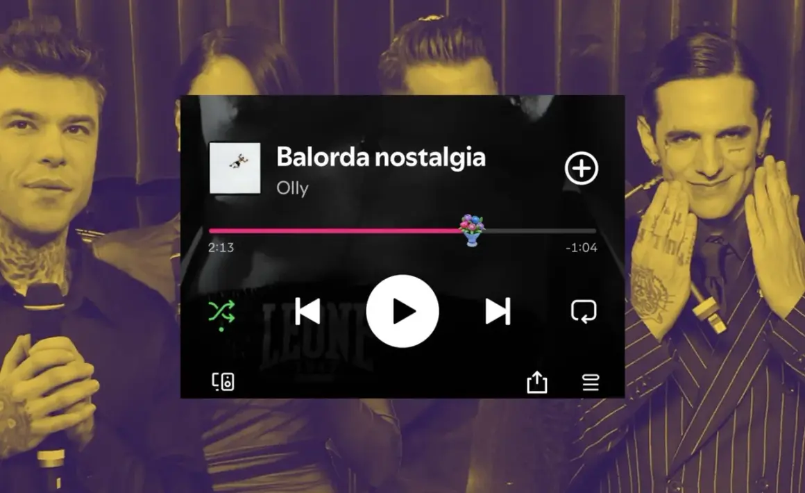 Fedez e Achille Lauro, con la schermata di Spotify che mostra "Balorda nostalgia" di Olly.