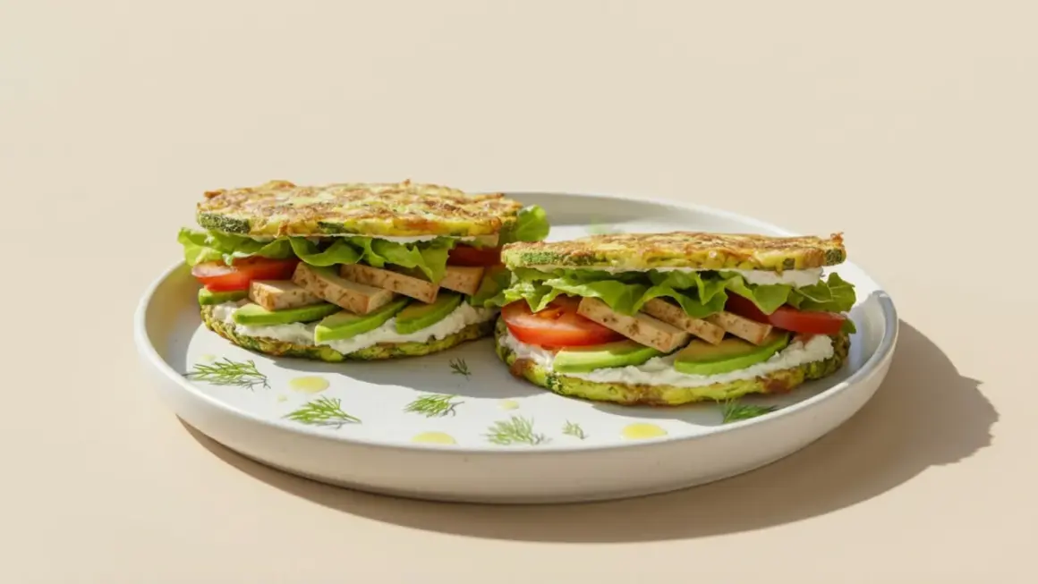 Zwei köstliche low carb sandwiches mit Zucchini-Patties, Avocado, Tomate, Tofu und Salat auf einem Teller.