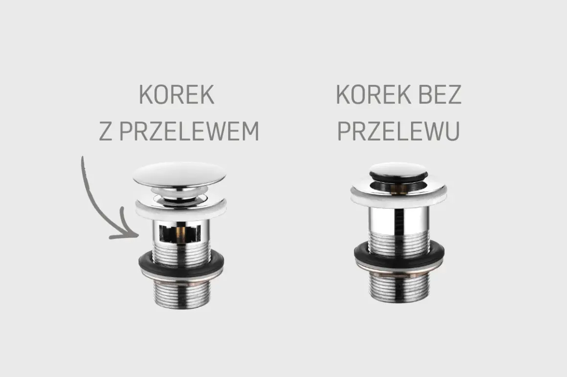 Korek z przelewem i korek bez przelewu, dwa rodzaje syfonów do umywalki.