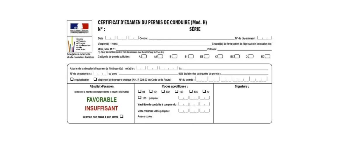 Certificat d'examen du permis de conduire, mention "INSUFFISANT" pour le résultat. Le délai permis de conduire après examen dépendra de la suite.