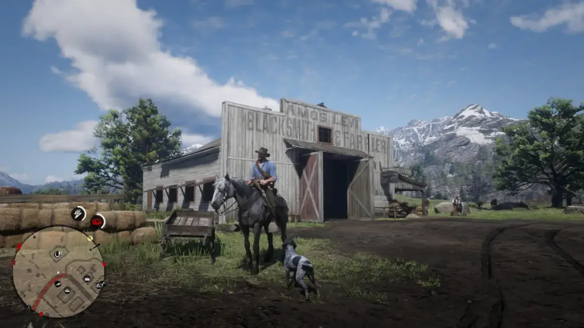 Ein Mann auf einem Pferd mit Hund vor einer Schmiede in RDR2 PS5.