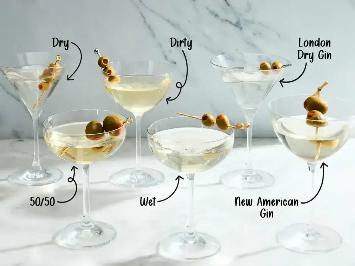Różne rodzaje wódki z martini, od "Dry" po "Dirty", z oliwkami i etykietami wskazującymi na składniki.