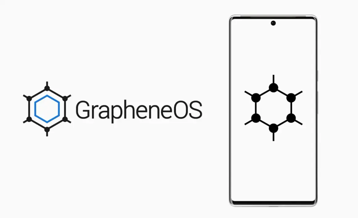 Logo GrapheneOS z symbolem grafenu i nazwą systemu. Obok smartfon z tym samym symbolem na ekranie.