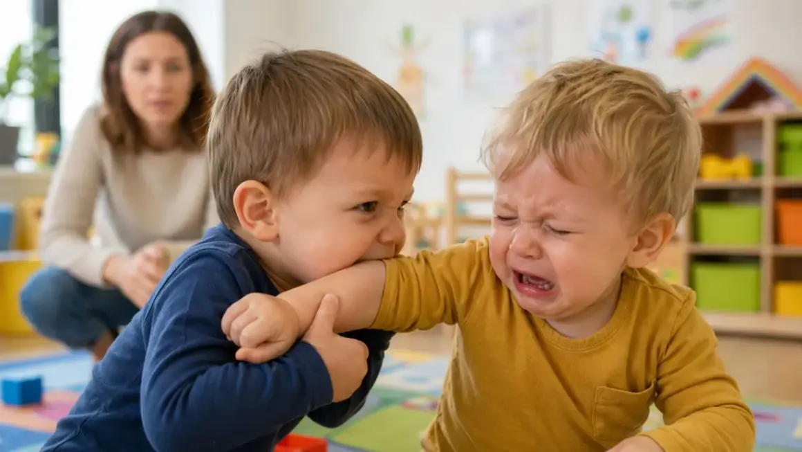 Chłopiec gryzie ramię innego dziecka, które płacze. Widać, że dziecko nie radzi sobie z emocjami.
