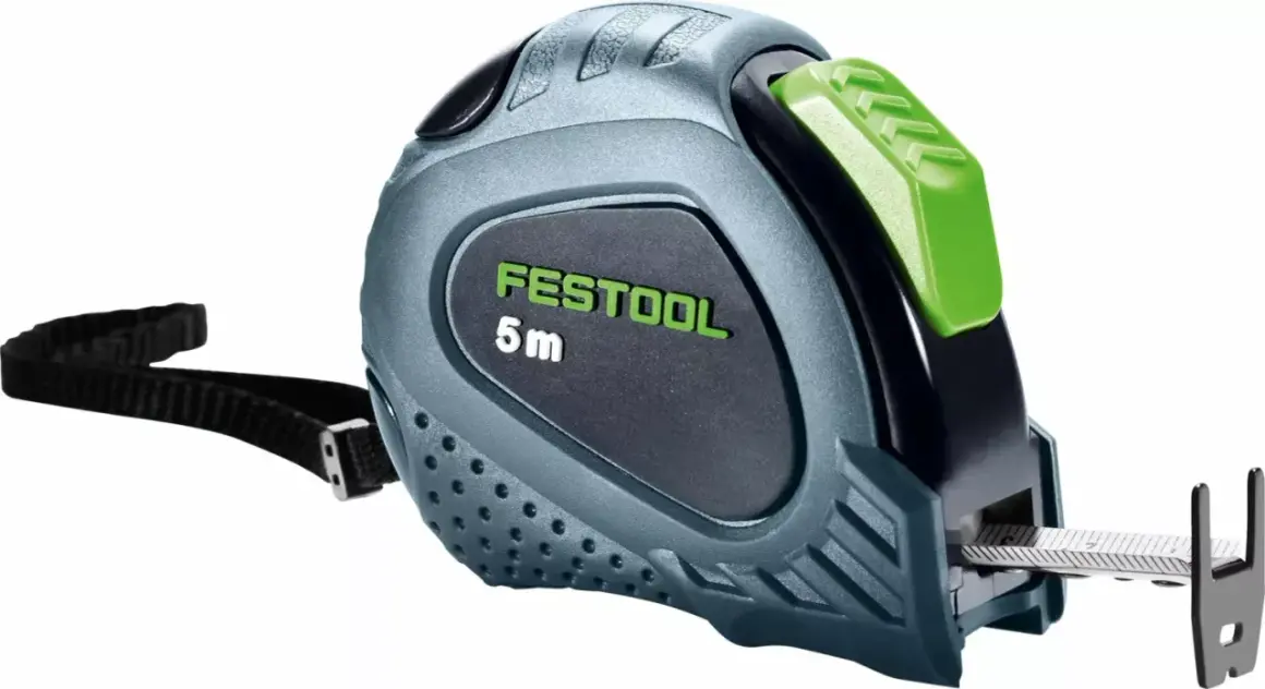 Un mètre ruban Festool 5m, robuste et ergonomique, prêt pour tous vos projets de mesure.