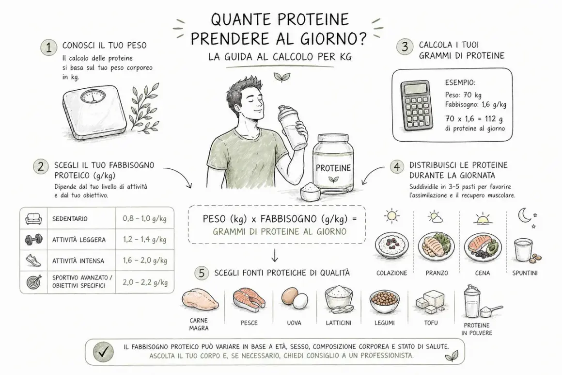 Guida per calcolare quante proteine assumere al giorno in base al peso e all'attività fisica, con esempi e fonti proteiche.