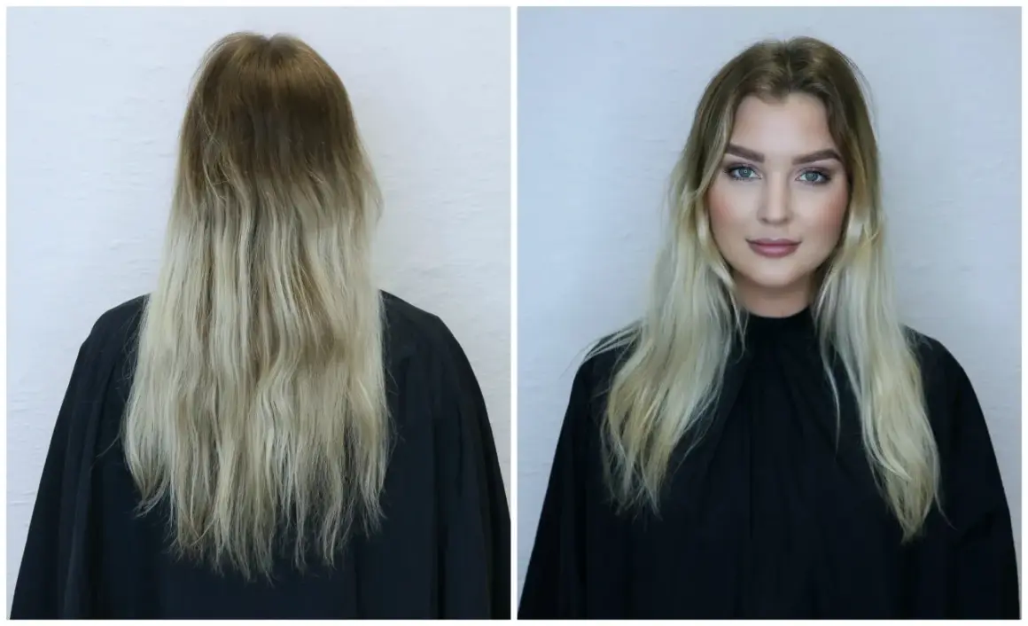 Före och efter-bild på en kvinna med långt blont hår. En förvandling med hairtalk by emelie.