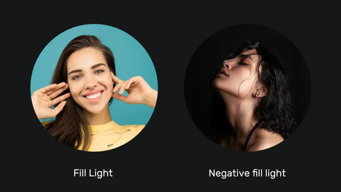 Two portraits: one bright with a smiling woman, the other dark and moody, showcasing the effect of negative fill light.