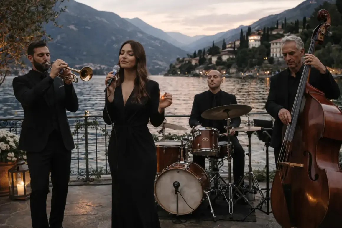 Band jazz con cantante, trombettista, batterista e contrabbassista suona musica swing per un matrimonio con vista lago.