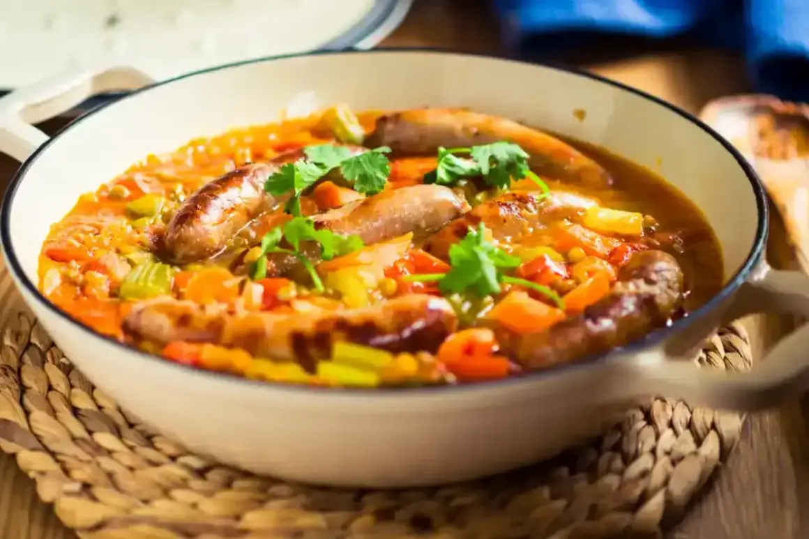 Un plat réconfortant de saucisses et lentilles mijotées avec des légumes, garni de coriandre fraîche. Un délice pour les papilles.