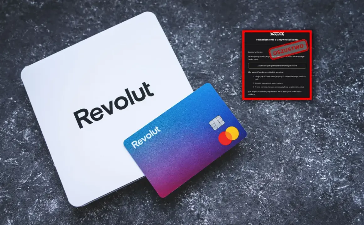 Oszustwo na Revolut! Zbliża się revolut logowanie bez aplikacji, ale uważaj na fałszywe powiadomienia. Karta Revolut i białe pudełko na ciemnym tle.