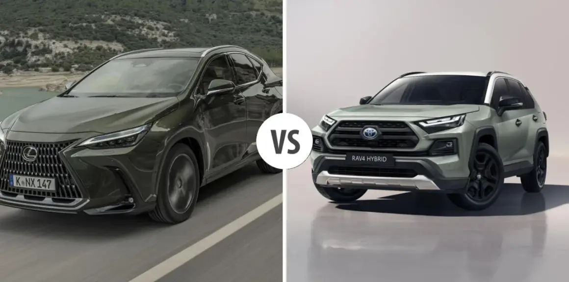 Dwa SUV-y: ciemnozielony Lexus NX i jasnozielony Toyota RAV4 Hybrid, z napisem "VS" pośrodku.
